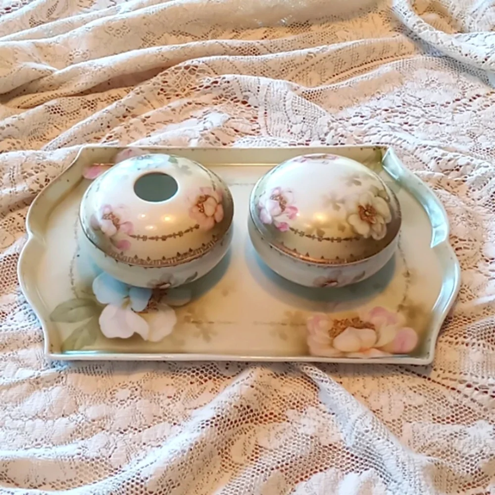 Antique Prov Saxe Porcelain 5 Piece Floral Hand-painted Vanity Set
